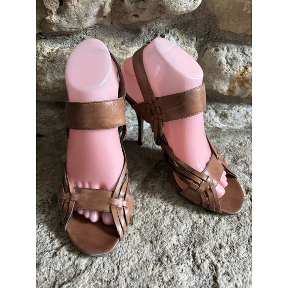 MAX STUDIO Santos Boho Brown Tan Leather Upper Strappy High Heel Sandals Shoes 9 - Picture 1 of 7